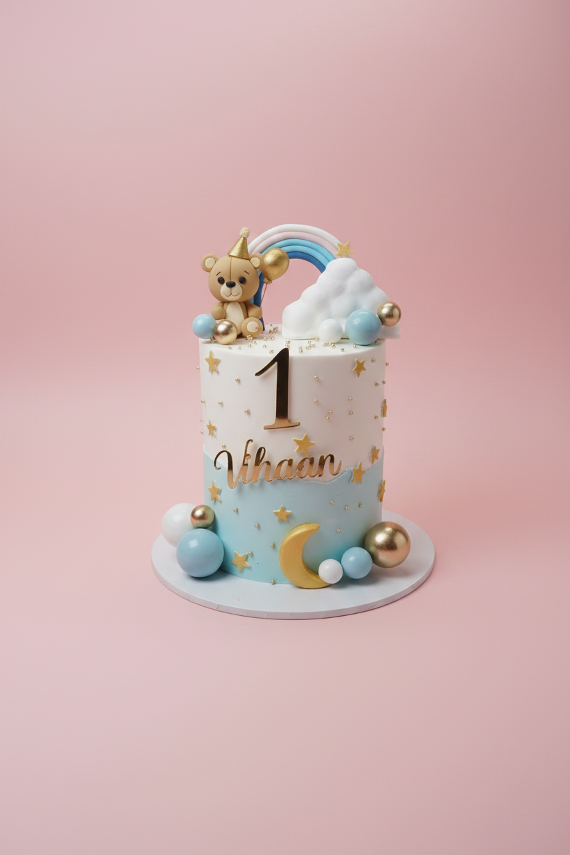 Baby's First Moon, Rainbow and Teddy Birthday Cake