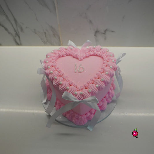 Sweet 16 In Pearls, Pink and White Heart Cake with Ribbons