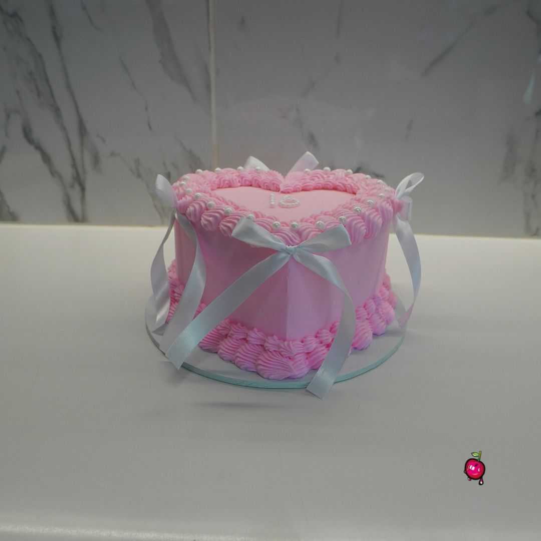 Sweet 16 In Pearls, Pink and White Heart Cake with Ribbons