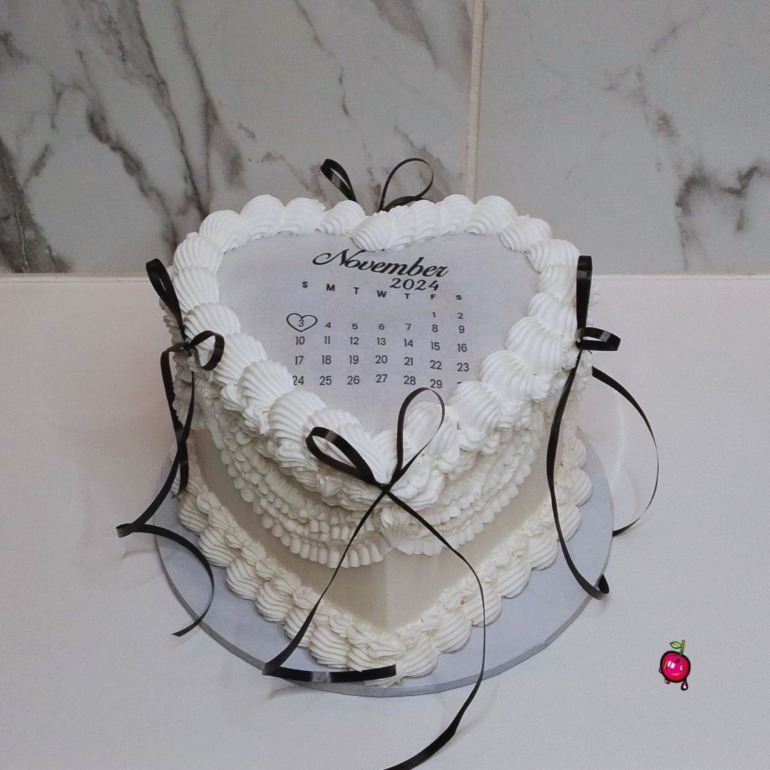 Vintage Black & White Calendar Burn-away Heart Cake with Ribbons