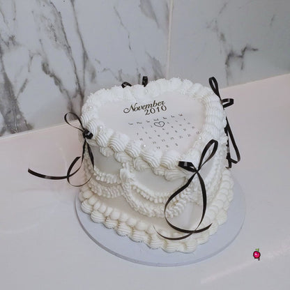 Vintage Black & White Calendar Burn-away Heart Cake with Ribbons