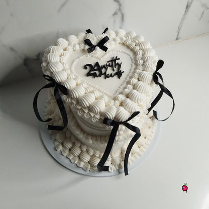 Vintage "24 With No Kids" Heart Cake with Pearls & Ribbons