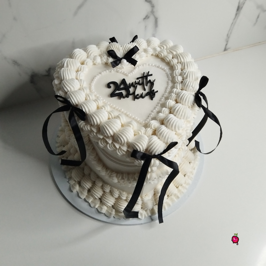 Vintage "24 With No Kids" Heart Cake with Pearls & Ribbons