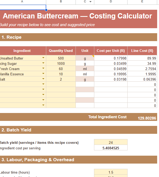 American Buttercream Costing Calculator | Bakery Pricing Spreadsheet (Excel & Google Sheets)