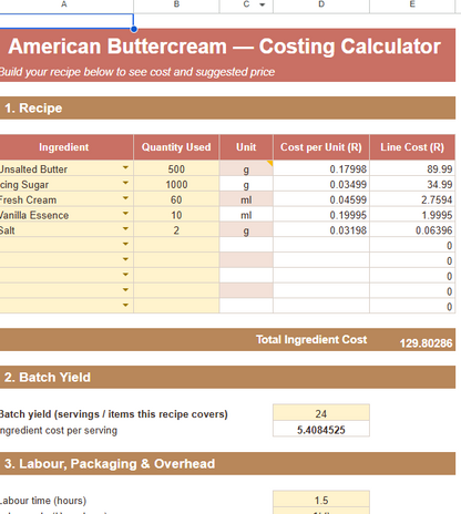American Buttercream Costing Calculator | Bakery Pricing Spreadsheet (Excel & Google Sheets)