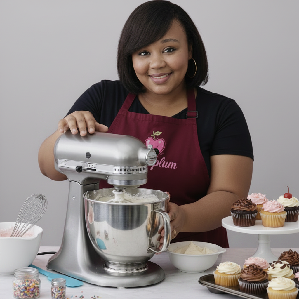 Woman in a maroon apron with 'Sugarplum' branding decorating cupcakes on a pink background
