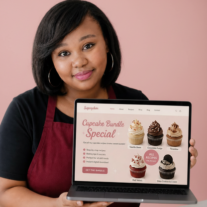 Woman holding a laptop displaying a cupcake website in a kitchen setting