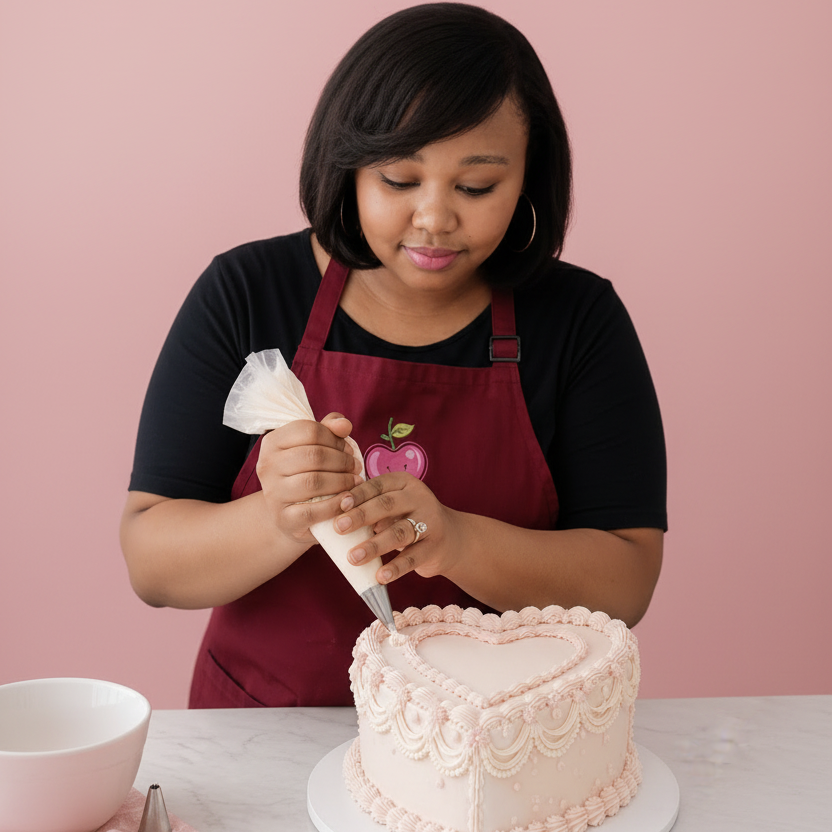 Woman in a 'Sugarplum' apron decorating a heart-shaped cake.