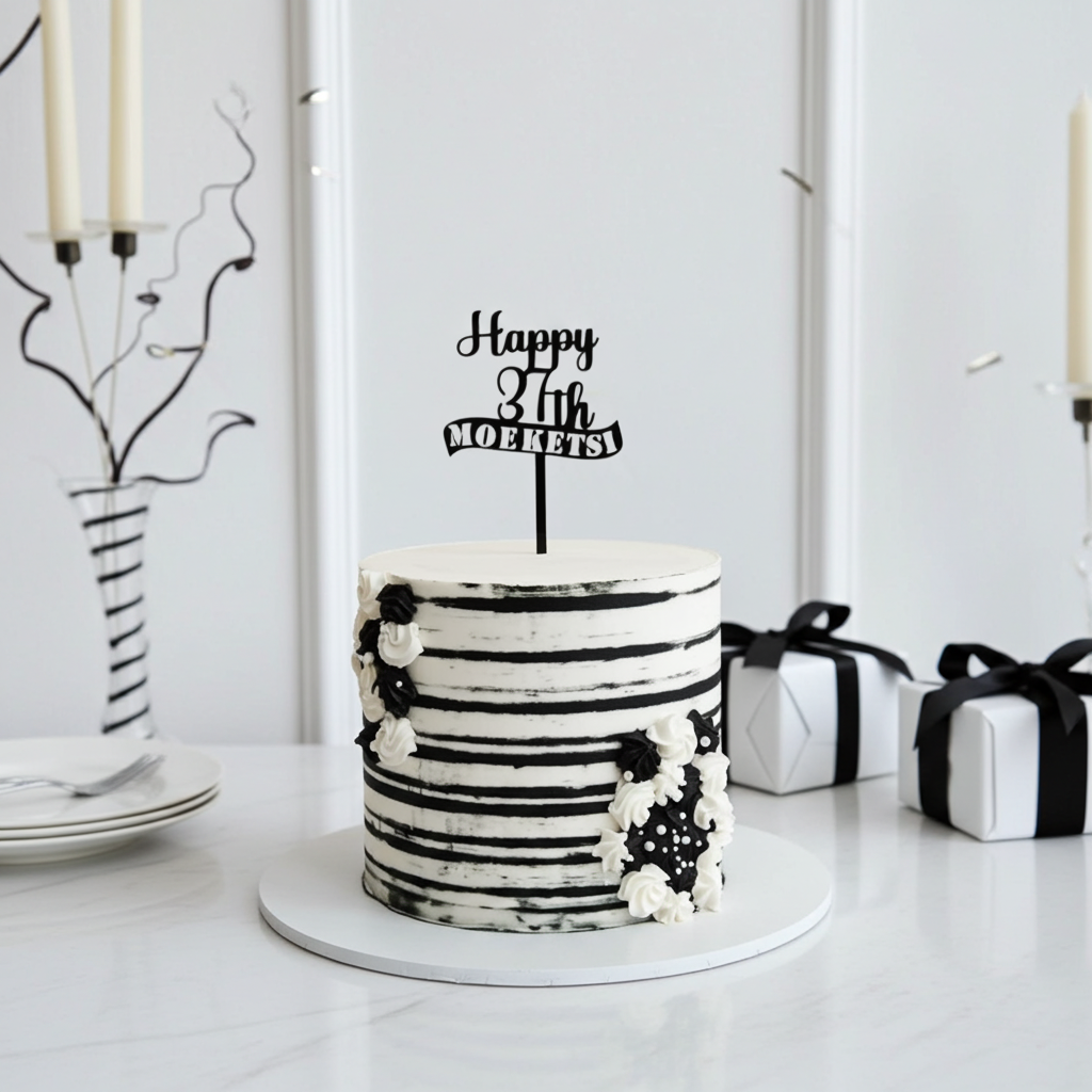 "Happy 37th Birthday in Black & White" Themed Cake
