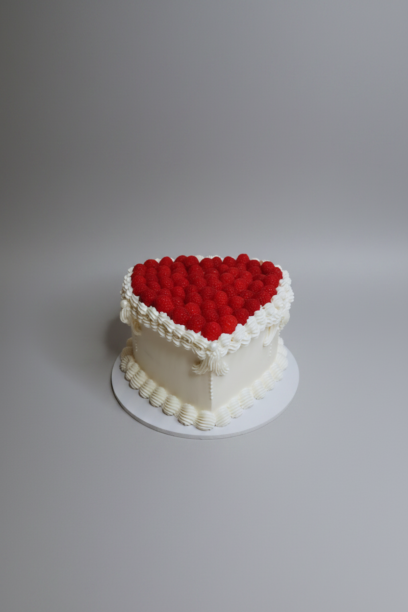 A heart-shaped white cake decorated with a red textured top and white piped borders, sitting on a white surface against a white marble-patterned background.