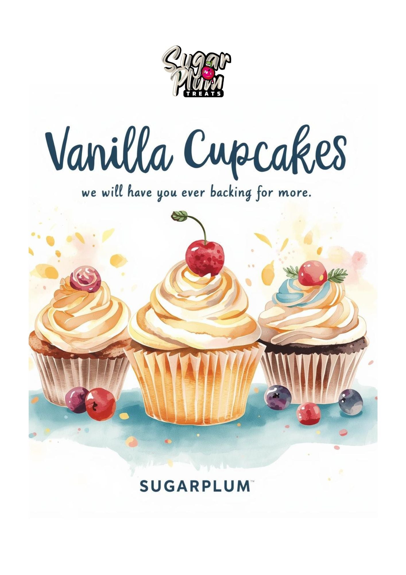 Vanilla cupcakes with frosting and berries on a white background, featuring the brand 'Sugarplum'.