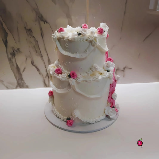 2 Tier Pink and White Cake with Roses