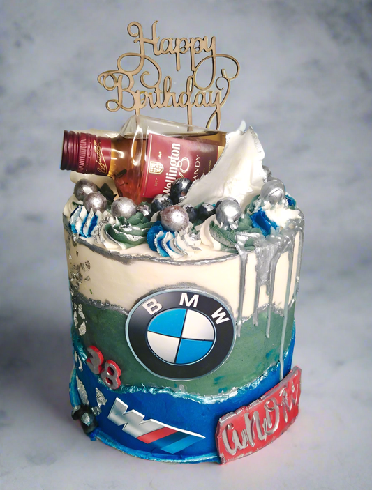 BMW Themed Cake with Treats for Him.